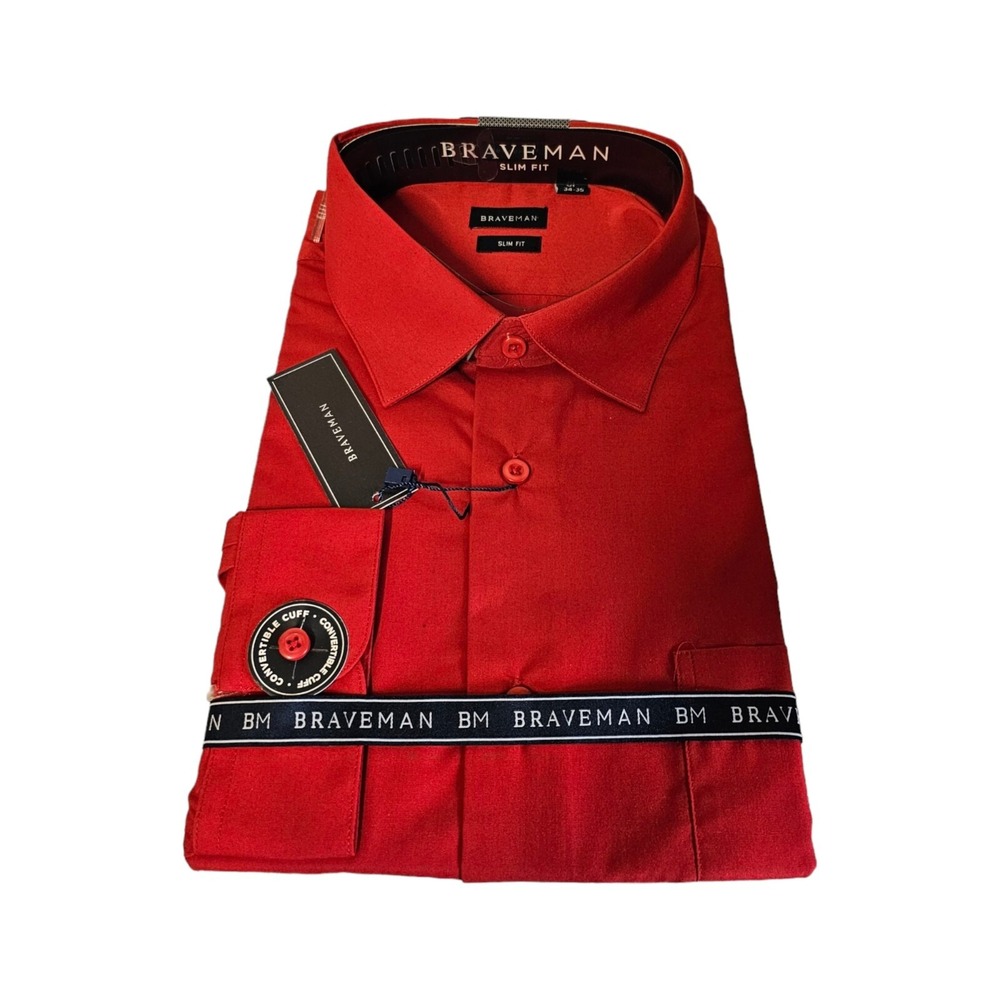 BRAVEMAN Red Button Down Dress‎ Shirt Slim XL Neck 17-17.5